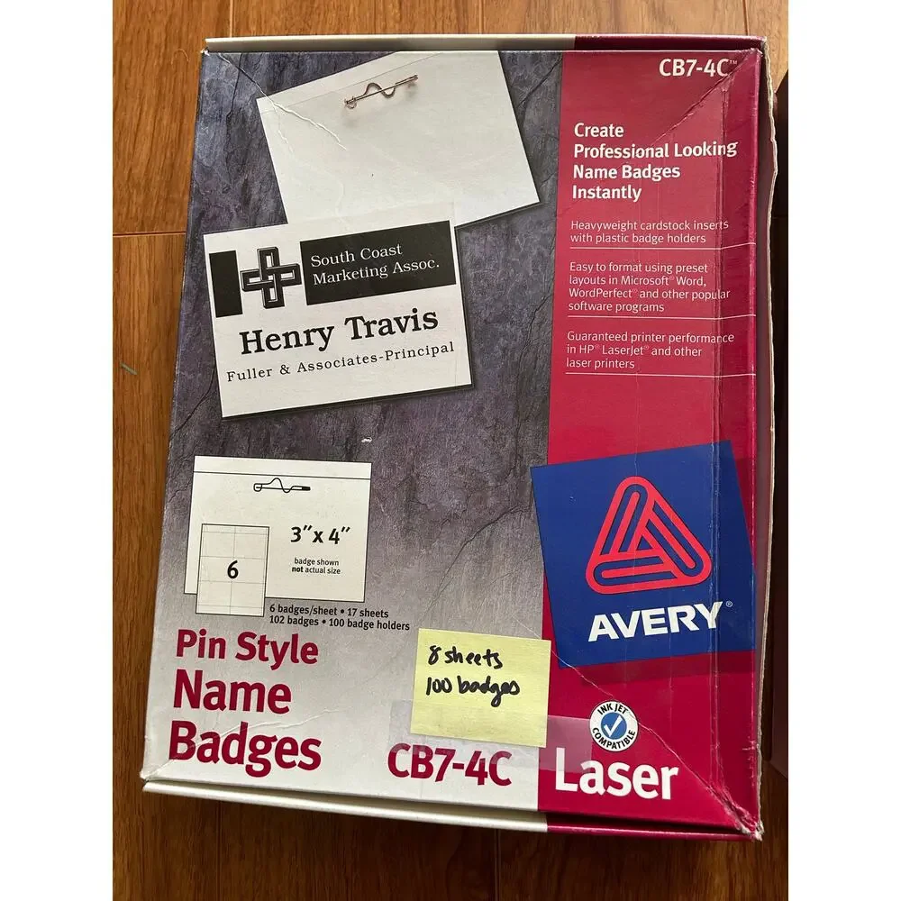 Avery Pin Style Name Badges CB7-4C - Opened Boxes 200 badges & 8 sheets